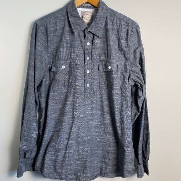 GUESS Men's Gray Long Sleeve 1/2 Button Up Collared Shirt Size Large Y2K Pockets - Picture 1 of 14